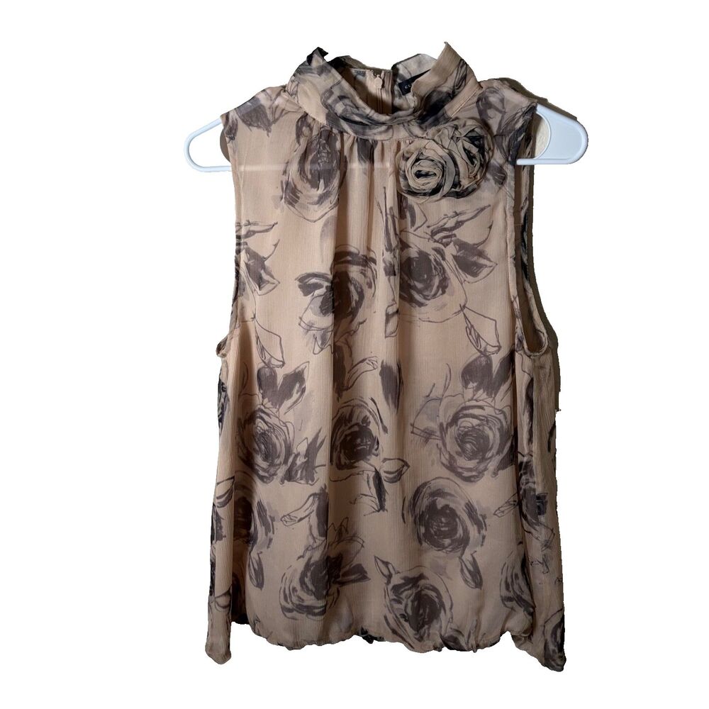 Elena Solano Tank Top Women's Large 100% Silk Floral Sleeveless Shirt Mock Neck